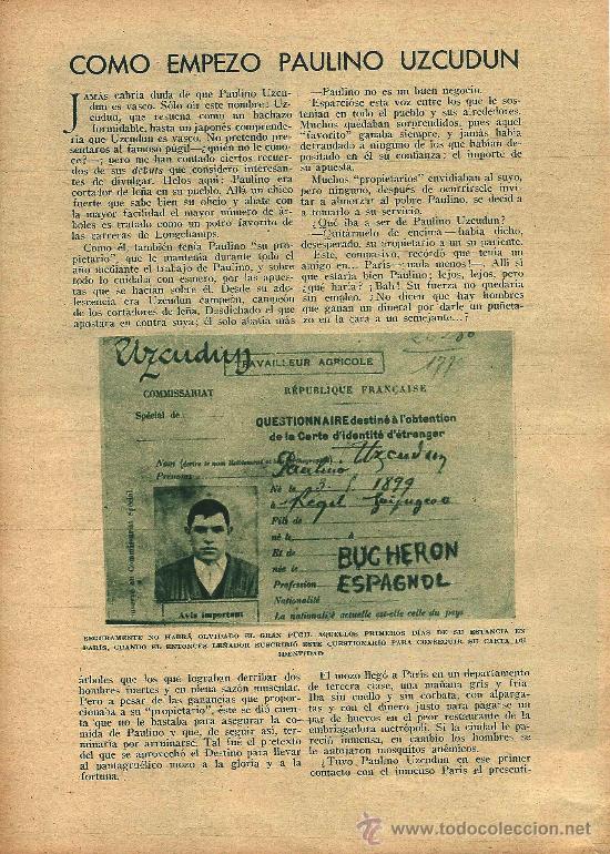 Coleccionismo de Revistas y Peri&oacute;dicos: * BOXEO * C&oacute;mo empez&oacute; Paulino Uzcudun / por Hilda de Toledano- 1933