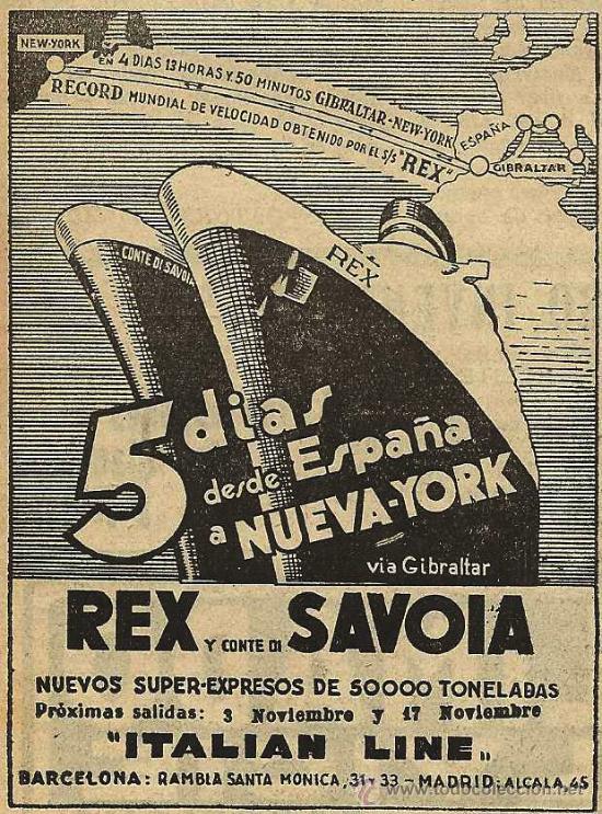 Collection Magazines and Newspapers: Publicidad l&iacute;nea de navegaci&oacute;n Italian Line: barcos Rex y Conte di Savoia- 1933
