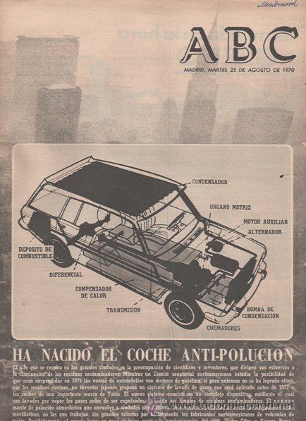 Coleccionismo de revistas y peri&oacute;dicos: HA NACIDO EL COCHE ANTI-POLUCI&Oacute;N. PORTADA DE ABC 25/08/1970.