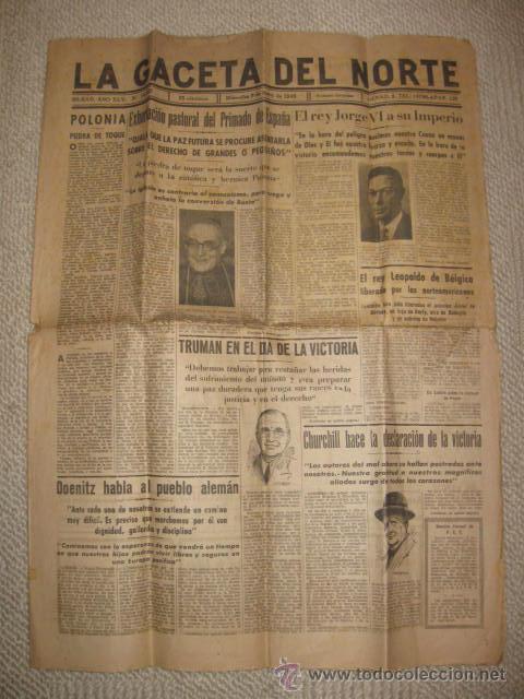 Collezionismo di Riviste e Giornali: La Gaceta del Norte 9/05/1945 Bilbao. Noticias sobre fin de la guerra mundial en Europa