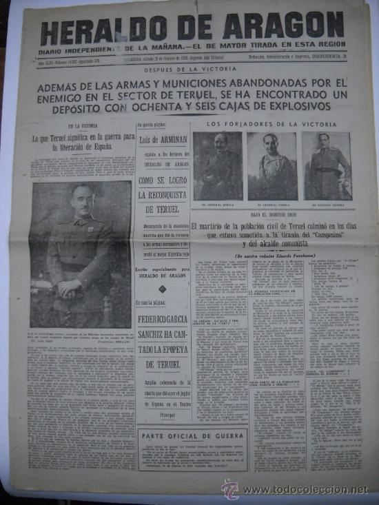 Sammeln von Zeitschriften und Zeitungen: GUERRA CIVIL.EL HERALDO DE ARAG&Oacute;N.26 FEBRERO 1938.EN PORTADA FRANCO,DAVILA,VARELA,ARANDA 8P.55X40