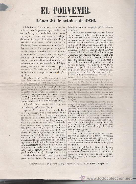 Sammeln von Zeitschriften und Zeitungen: El Porvenir. Lunes 20 de Octubre de 1856. Sevilla, Sierpes,116.