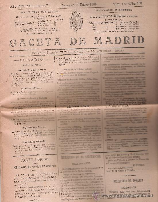 Sammeln von Zeitschriften und Zeitungen: Gaceta de Madrid n&ordm; 17. Domingo 17 de Enero de 1909.