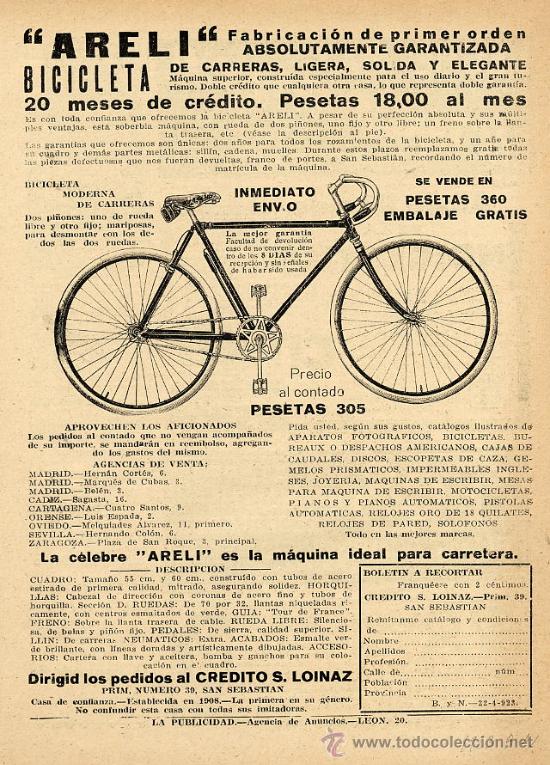 Coleccionismo de revistas y peri&oacute;dicos: CICLISMO 1923 BICICLETAS ARELI HOJA REVISTA