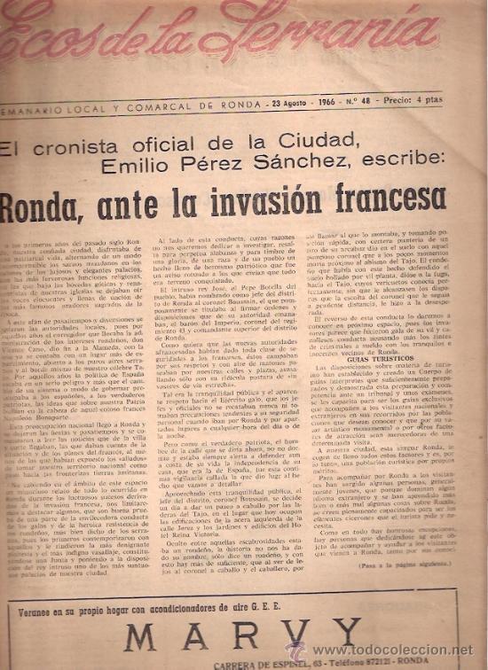 Coleccionismo de Revistas y Peri&oacute;dicos: PERIODICO ANTIGUO DE RONDA - ECOS DE LA SERRANIA - 23 AGOSTO 1966 - RONDA, ANTE LA INVASION FRANCESA