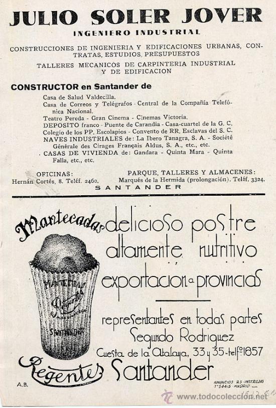 Coleccionismo de revistas y peri&oacute;dicos: SANTANDER 1932 MANTECADAS REGENTES RETAL HOJA REVISTA