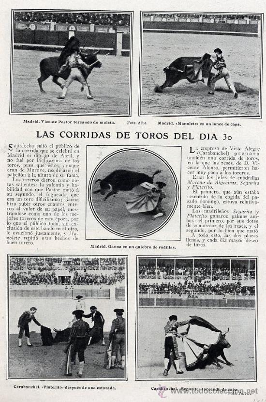 Coleccionismo de revistas y peri&oacute;dicos: TOROS 1911 MANOLETE -PASTOR GAONA-PLATERITO-SEGURITA HOJA REVISTA