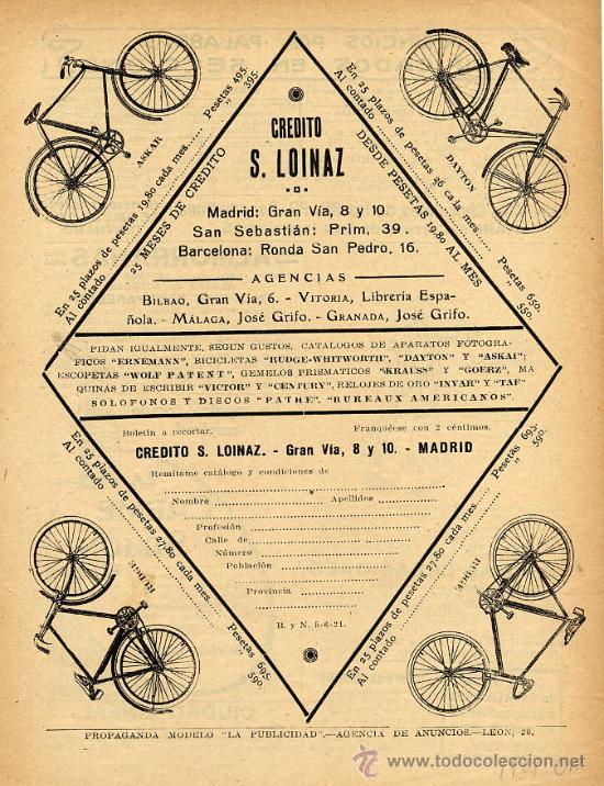 Coleccionismo de revistas y peri&oacute;dicos: CICLISMO 1921 BICICLETAS  S. LOINAZ MADRID HOJA REVISTA