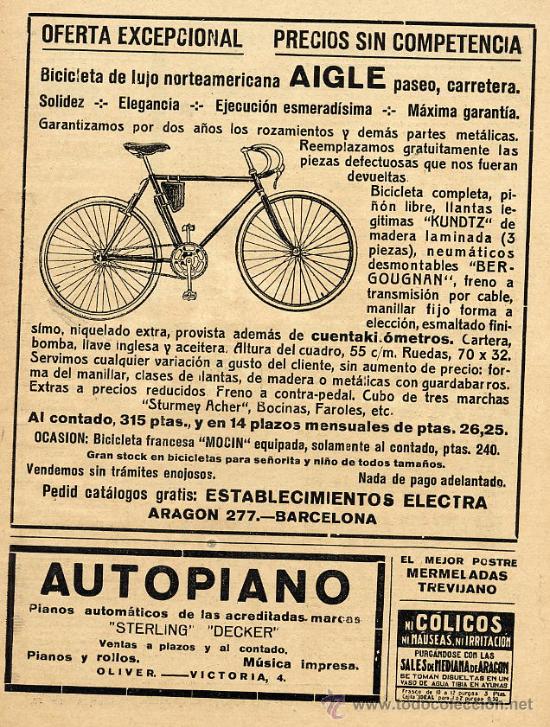 Coleccionismo de revistas y peri&oacute;dicos: CICLISMO 1924 BICICLETAS  AIGLE   BARCELONA HOJA REVISTA