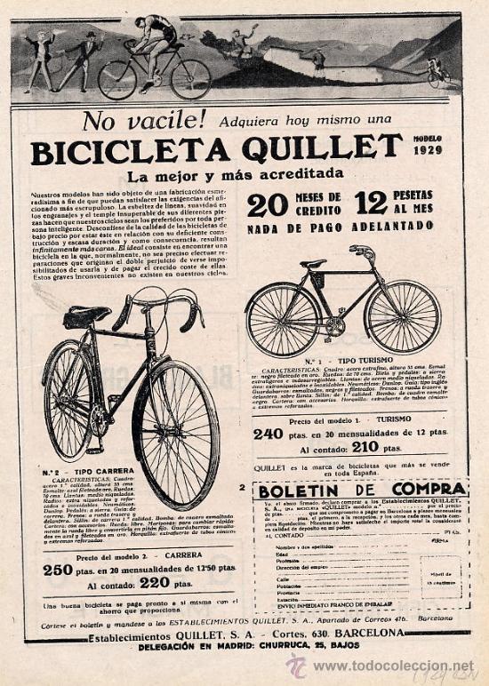 Coleccionismo de revistas y peri&oacute;dicos: CICLISMO 1929 BICICLETAS QUILLET  BARCELONA HOJA REVISTA