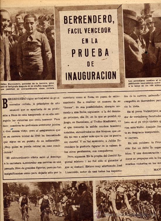 Coleccionismo de revistas y peri&oacute;dicos: CICLISMO 1946 TROFEO MASFERRER BARCELONA BERRENDERO HOJA REVISTA