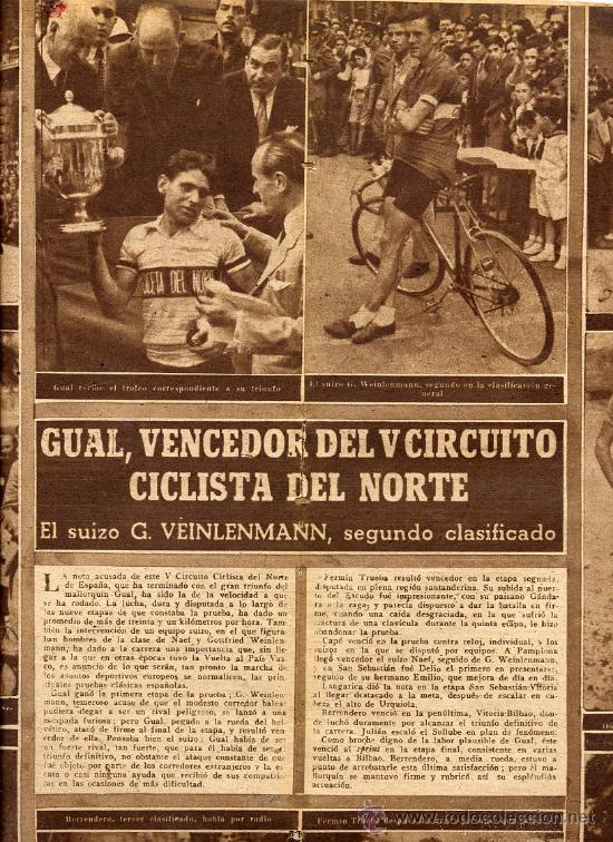 Coleccionismo de revistas y peri&oacute;dicos: CICLISMO 1945 CIRCUITO DEL NORTE GUAL VENCEDOR 2 HOJAS REVISTA