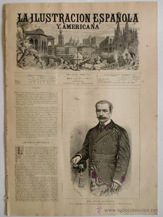Collectionnisme de Revues et Journaux: REVISTA LA ILUSTRACION ESPA&Ntilde;OLA Y AMERICANA. GRABADOS Y PUBLICIDAD DE LA EPOCA. 1882. N&ordm; XV. LEER
