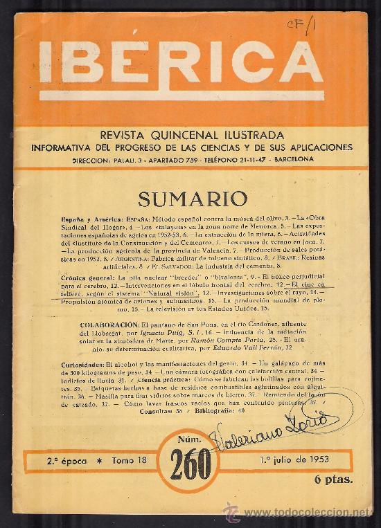 Coleccionismo de revistas y peri&oacute;dicos: 1 REVISTA QUINCENAL *IBERICA * PANTANOS RIO TURIA N&ordm; 271 A&Ntilde;O 1953 PROGRESO DE LAS CIENCIAS