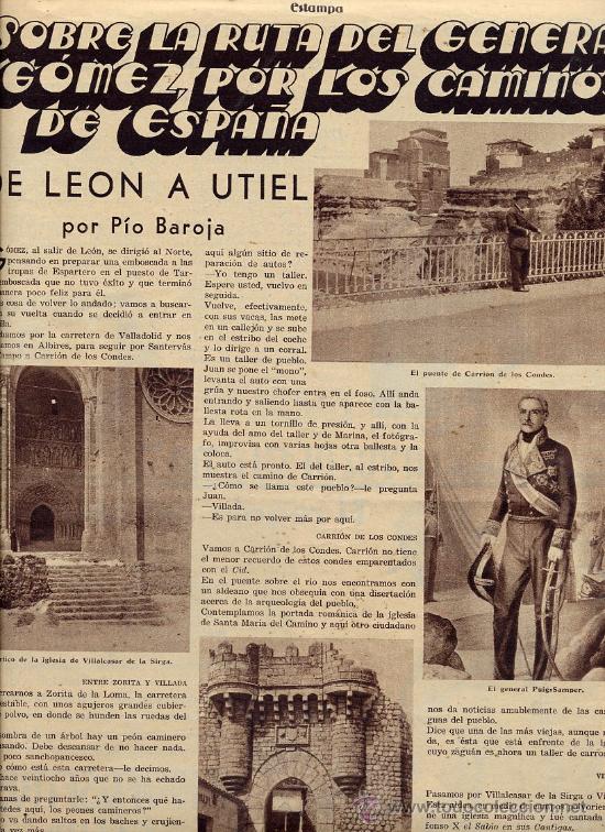 Coleccionismo de revistas y peri&oacute;dicos: GENERAL GOMEZ 1935 DE LEON A UTIEL PIO BAROJA 2 HOJAS REVISTA