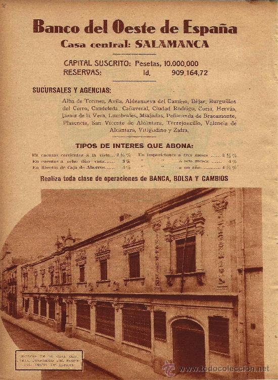Collection Magazines and Newspapers: * SALAMANCA * Publicidad Banco del Oeste de Espa&ntilde;a- 1933
