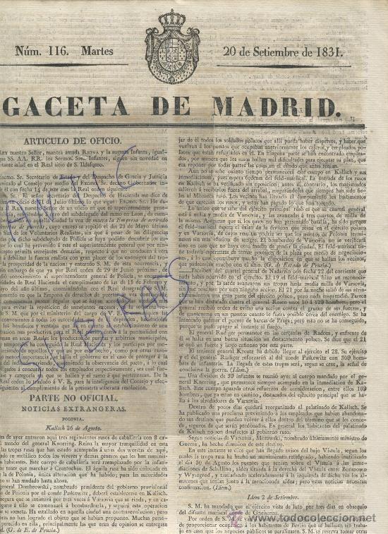 Coleccionismo de revistas y peri&oacute;dicos: GACETA DE MADRID.A.1831.NOMBRAMIENTOS.CORIA.VIC.SIGUENZA.ROA.LORCA.SANTO DOMINGO DE LA CALZADA.PINTO