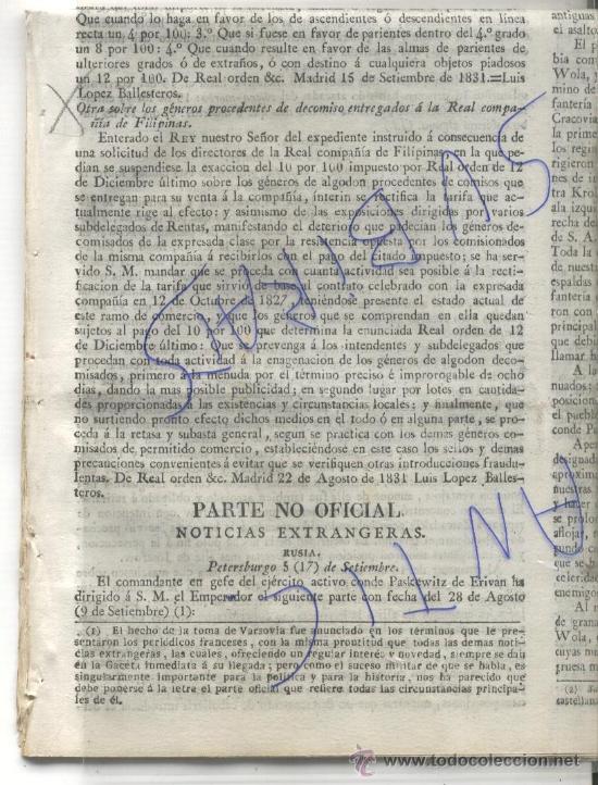 Collezionismo di Riviste e Giornali: GACETA DE MADRID.A&Ntilde;O 1831.REAL COMPA&Ntilde;IA DE FILIPINAS.CALAHORRA.ALFARO.NAJERA.PEDROSO.HOSPITALET.
