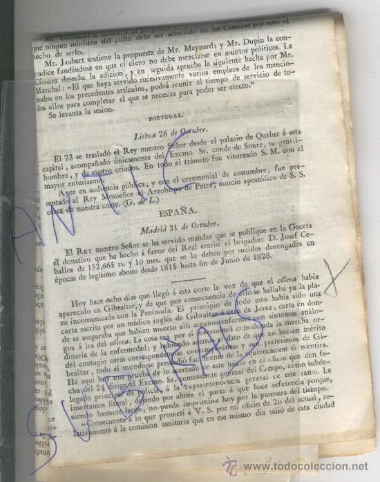 Collectionnisme de Revues et Journaux: GACETA DE MADRID. A&Ntilde;O 1831.COLERA EN GIBRALTAR.ALGECIRAS. BOLSA DE MADRID. COTIZACION.