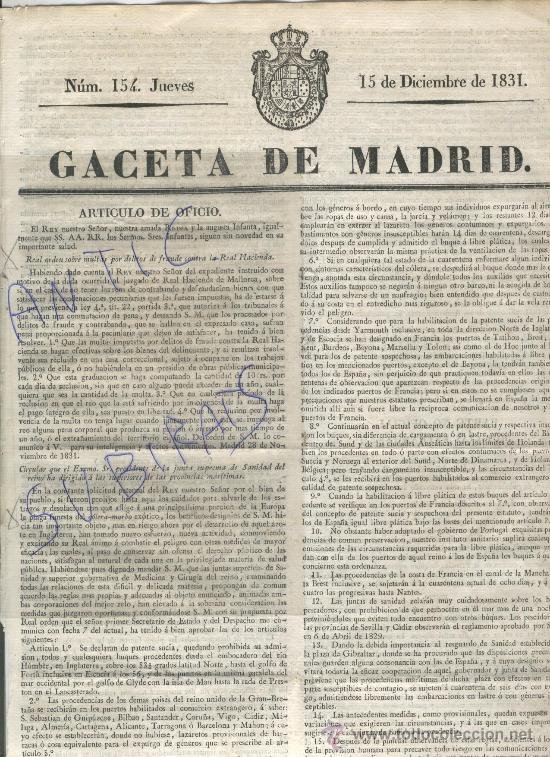Collezionismo di Riviste e Giornali: GACETA DE MADRID.1831.MEDIDAS SANITARIAS.REAL ORDEN.COLERA.CALAHORRA.TUDELA.CORREOS.BOLSA..TORRIJOS.