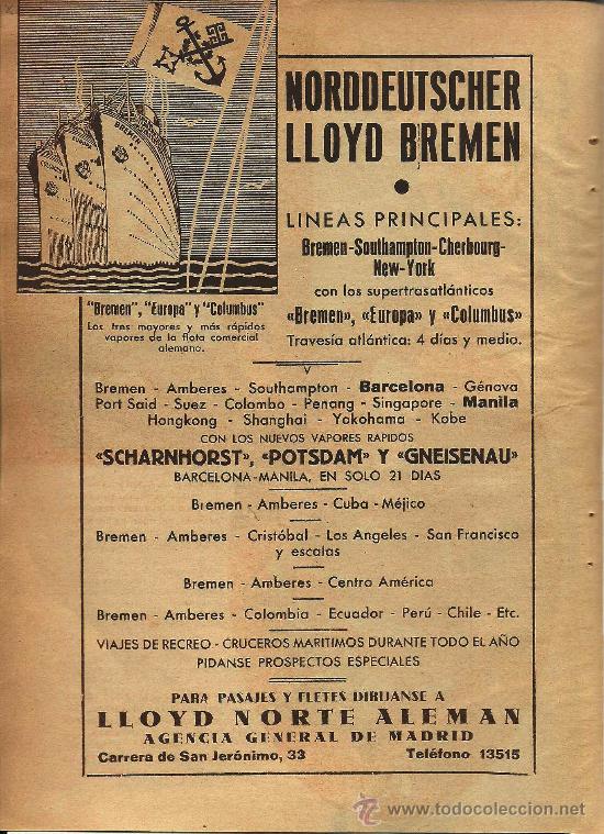 Collectionnisme de Revues et Journaux: * L&Iacute;NEAS DE NAVEGACI&Oacute;N * Publicidad naviera Norddeutscher Lloyd Bremen - 1936