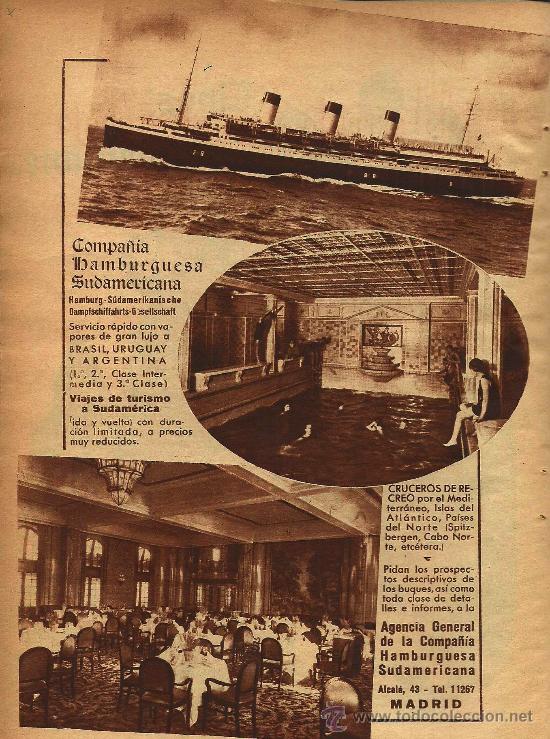 Coleccionismo de revistas y peri&oacute;dicos: * L&Iacute;NEAS DE NAVEGACI&Oacute;N * Publicidad naviera Compa&ntilde;&iacute;a Hamburguesa Sudamericana- 1936