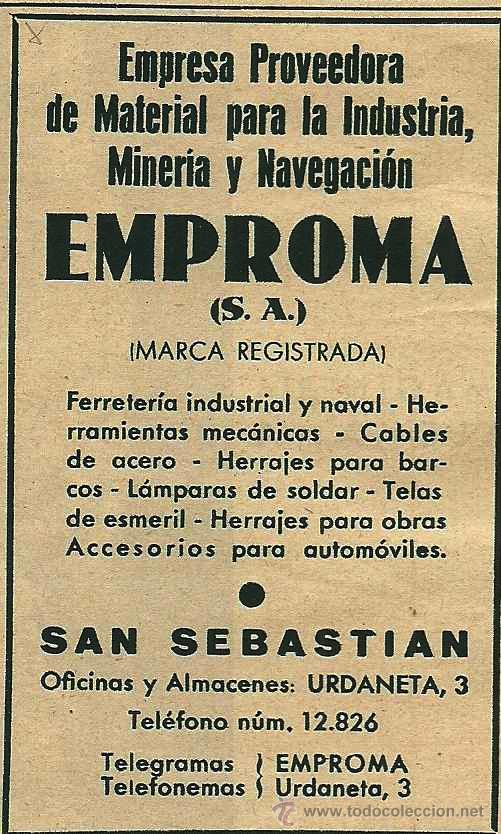Coleccionismo de Revistas y Peri&oacute;dicos: * SAN SEBASTI&Aacute;N * Publicidad EMPROMA, Empresa Proveedora de material de Industria - 1936