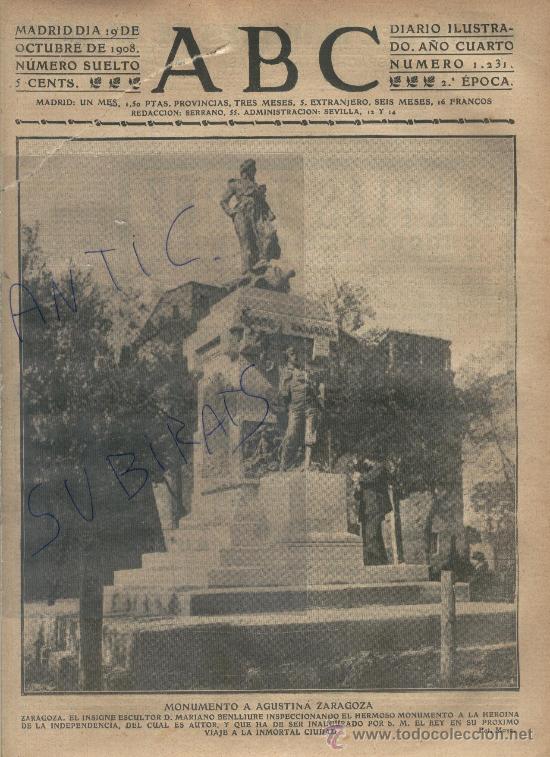 Coleccionismo de revistas y peri&oacute;dicos: PORTADA SUELTA DE PERIODICO.ABC.A&Ntilde;O 1908.AGUSTINA.ZARAGOZA. MARIANO BENLLIURE.