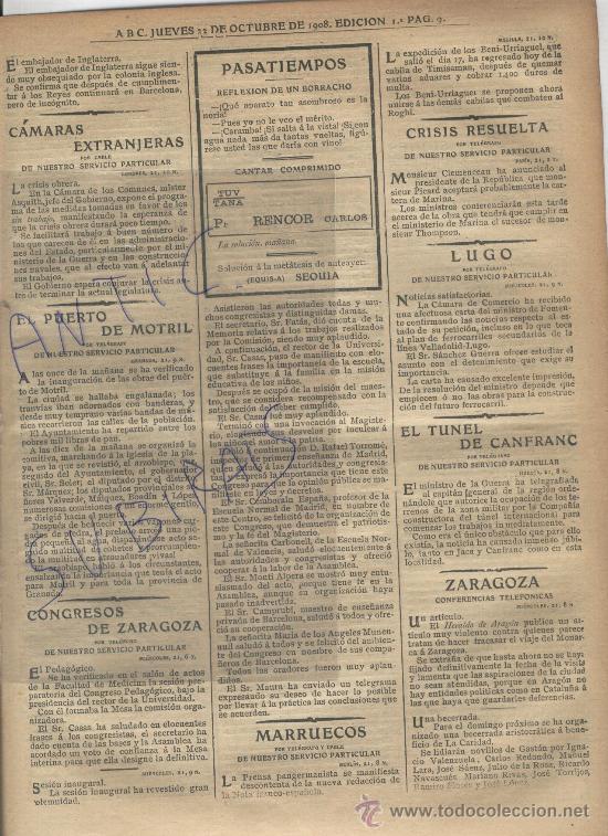 Coleccionismo de revistas y peri&oacute;dicos: PERIODICO.ABC.A 1908.OCUPACION DE LA ZONA MILITAR PARA LA CONSTRUCCION DEL TUNEL DE CANFRANC.MOTRIL.