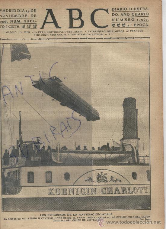 Coleccionismo de revistas y peri&oacute;dicos: PERIODICO.ABC.A&Ntilde;O 1908.AVIACION.GLOBOS.DIRIGIBLES.CONDE DE ZEPPELIN.CATASTROFE MINERA.HAMM.