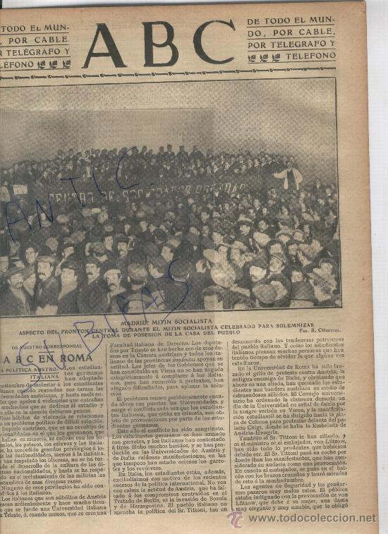 Coleccionismo de Revistas y Peri&oacute;dicos: PERIODICO ABC A&Ntilde;O 1908 MITIN SOCIALISTA MADRID SOCIALISTAS SOCIALISMO CACERIA EN LACHAR GRANADA