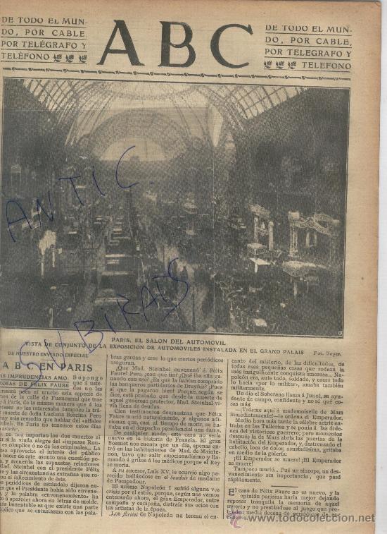 Coleccionismo de revistas y peri&oacute;dicos: PERIODICO.ABC.A&Ntilde;O 1908.EL SALON DEL AUTOMOVIL. PARIS. COCHES. GRAND PALAIS.FRANCIA.