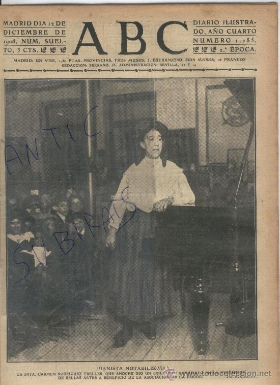 Coleccionismo de revistas y peri&oacute;dicos: PERIODICO.ABC.A&Ntilde;O 1908.PIANO.PIANISTA.FOTOS ANTIGUAS. CARMEN RODRIGUEZ TRELLES.MADRID. FOT.CIFUENTES