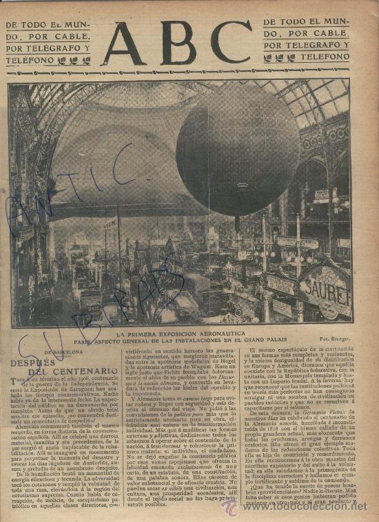 Coleccionismo de Revistas y Peri&oacute;dicos: PERIODICO.ABC.A&Ntilde;O 1908.AVIACION.LA PRIMERA EXPOSICION AERONAUTICA.PARIS.FRANCIA.