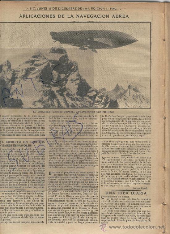 Coleccionismo de revistas y peri&oacute;dicos: PERIODICO.ABC.A&Ntilde;O 1908.AVIACION.DIRIGIBLE CARLOS COPPEL. ATRAVESANDO LOS PIRINEOS.NAVEGACION AEREA.