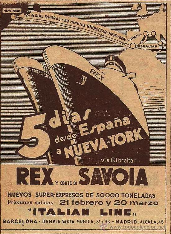 Collection Magazines and Newspapers: Publicidad l&iacute;neas de navegaci&oacute;n Italian Line, buques Rex y Conte di Savoia- 1936