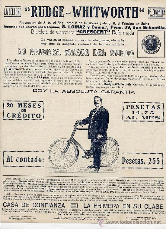 Coleccionismo de revistas y peri&oacute;dicos: CICLISMO 1915 BICICLETAS RUDGE- WHITWORTH SAN SEBASTIAN HOJA REVISTA