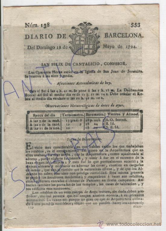 Collezionismo di Riviste e Giornali: DIARIO DE BARCELONA.A&Ntilde;O 1794.COMERCIO CON AMERICA.CARTAGENA DE INDIAS.ORO.PLATA.VERACRUZ.AZUCAR.