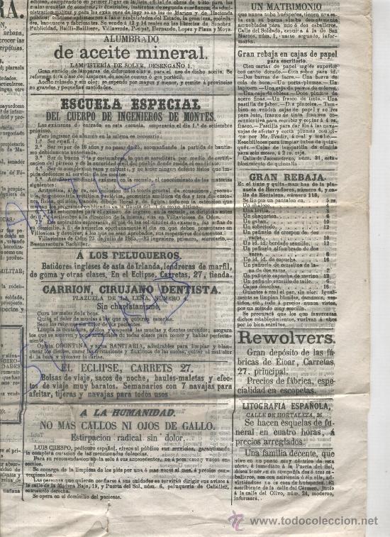 Collection Magazines and Newspapers: RARO.PERIODICO EL PUEBLO.MADRID 1863 EIBAR.PISTOLAS REWOLVERS CIRUJANO.DENTISTA.LAMPARAS DE ACEITE