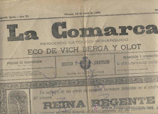 Colecionismo de Revistas e Jornais: PERIODICO.LA COMARCA. VIC. BERGA. OLOT. A&Ntilde;O 1895.GUERRA DE CUBA. CRONICA CARLISTA.