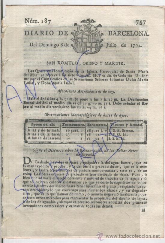 Coleccionismo de revistas y peri&oacute;dicos: DIARIO DE BARCELONA. A&Ntilde;O 1794.ROSAS.TORREDEMBARRA.TORRADEMBARRA.L' ESCALA.PUERTO DE ALICANTE.BACALAO