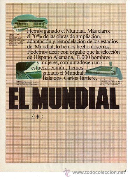 Coleccionismo de revistas y peri&oacute;dicos: PUBLICIDAD ANTIGUA. MUNDIAL 82. HISPANO ALEMANA DE CONSTRUCCIONES. 1982.