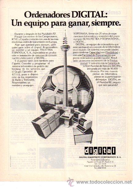Coleccionismo de revistas y peri&oacute;dicos: PUBLICIDAD ANTIGUA. MUNDIAL 82. DIGITAL EQUIPMENT CORPORATION. 1982.