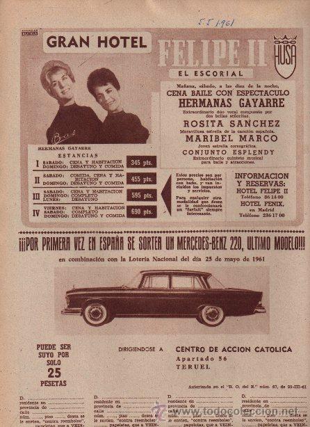Coleccionismo de Revistas y Peri&oacute;dicos: PUBLICIDAD ANTIGUA. VARIOS. GRAN HOTEL FELIPE II. SORTEO CENTRO DE ACCI&Oacute;N CAT&Oacute;LICA. 1961.