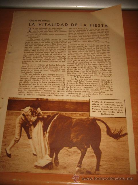 Collection Magazines and Newspapers: TOROS COGIDA DE POSADERO BANDERILLERO DE BIENVENIDA HOJA  DE REVISTA 1935