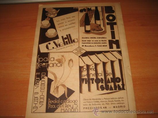 Colecionismo de Revistas e Jornais: PUBLICIDAD VARIADA .BOTIN COCINA ESPA&Ntilde;OLA.C.VELILLA CRISTALERIAS,MENAJE.VICTOR HOJA  DE REVISTA 1933