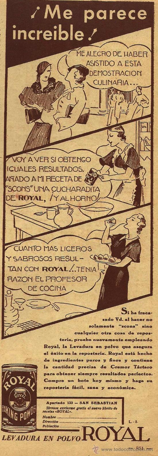 Coleccionismo de revistas y peri&oacute;dicos: Publicidad cocina Levadura en polvo Royal  - 1935