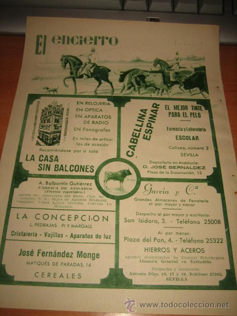 Collezionismo di Riviste e Giornali: SEVILLA EL ENCIERRO  PUBLICIDAD  HOJA DE REVISTA 1934 CON PUBLICIDAD DE VARIADOS NEGOCIOS