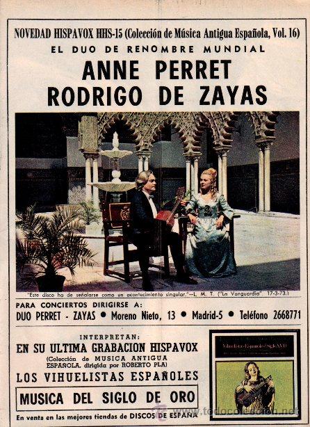 Coleccionismo de Revistas y Peri&oacute;dicos: PUBLICIDAD ANTIGUA. M&Uacute;SICA. HISPAVOX. ANNE PERET. RODRIGO DE ZAYAS. 1973.