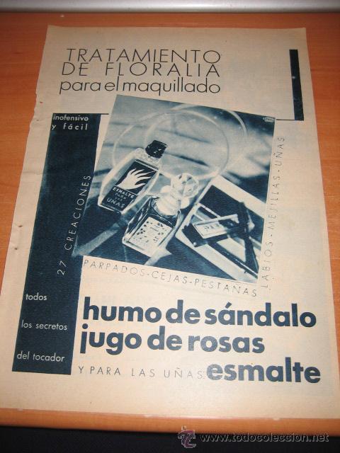 Collection Magazines and Newspapers: PUBLICIDAD TRATAMIENTO DE FLORALIA PARA EL MAQUILLADO HUMO DE SANDALO    HOJA  DE REVISTA 1934